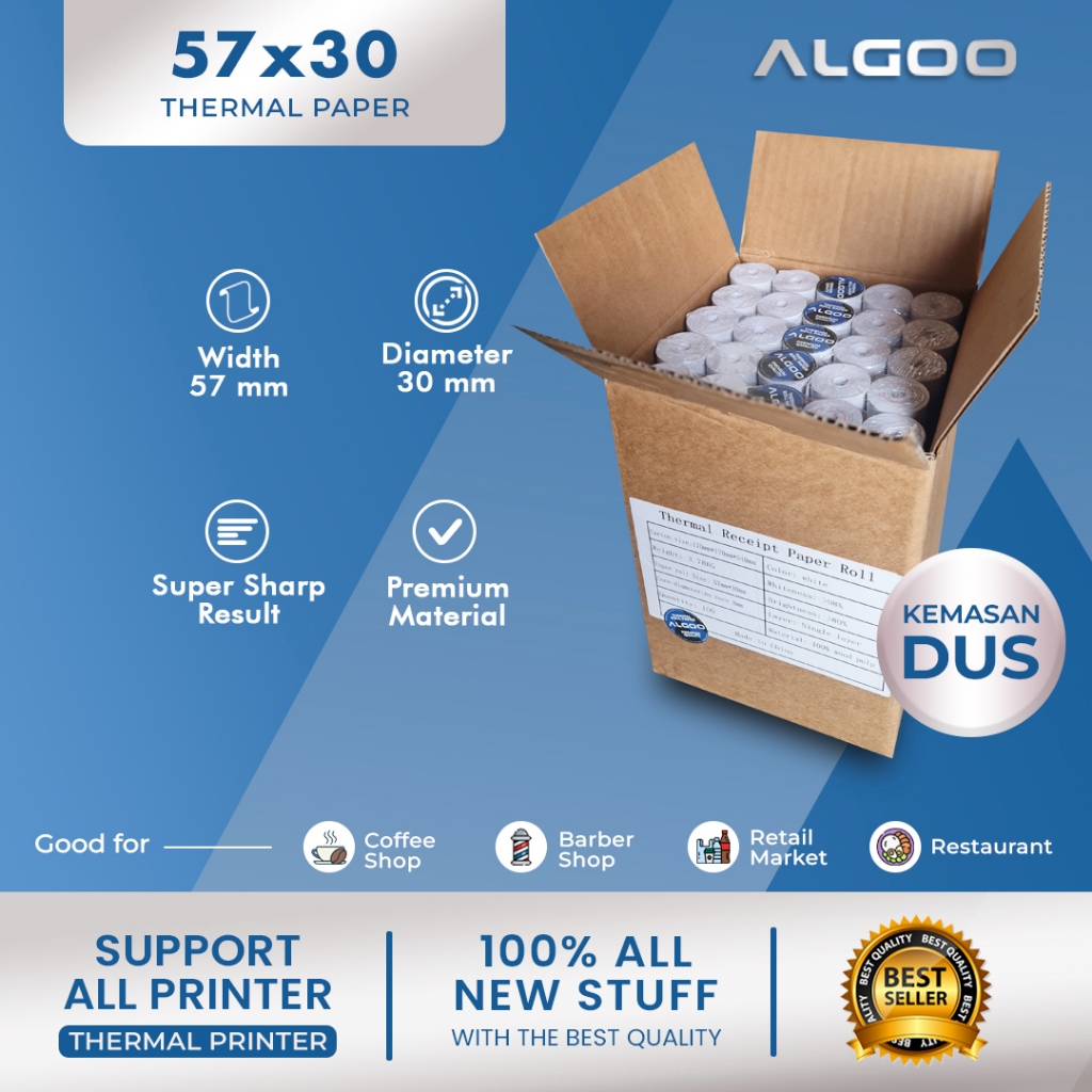 

ALGOO Kertas Thermal Struk 57x30 mm (KARTON) isi 100 Roll
