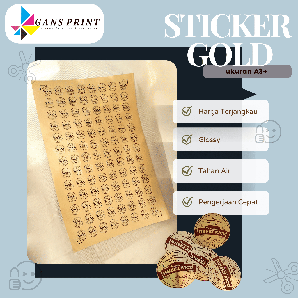 

CETAK STIKER LABEL GOLD FREE DESIGN SUDAH CUTTING