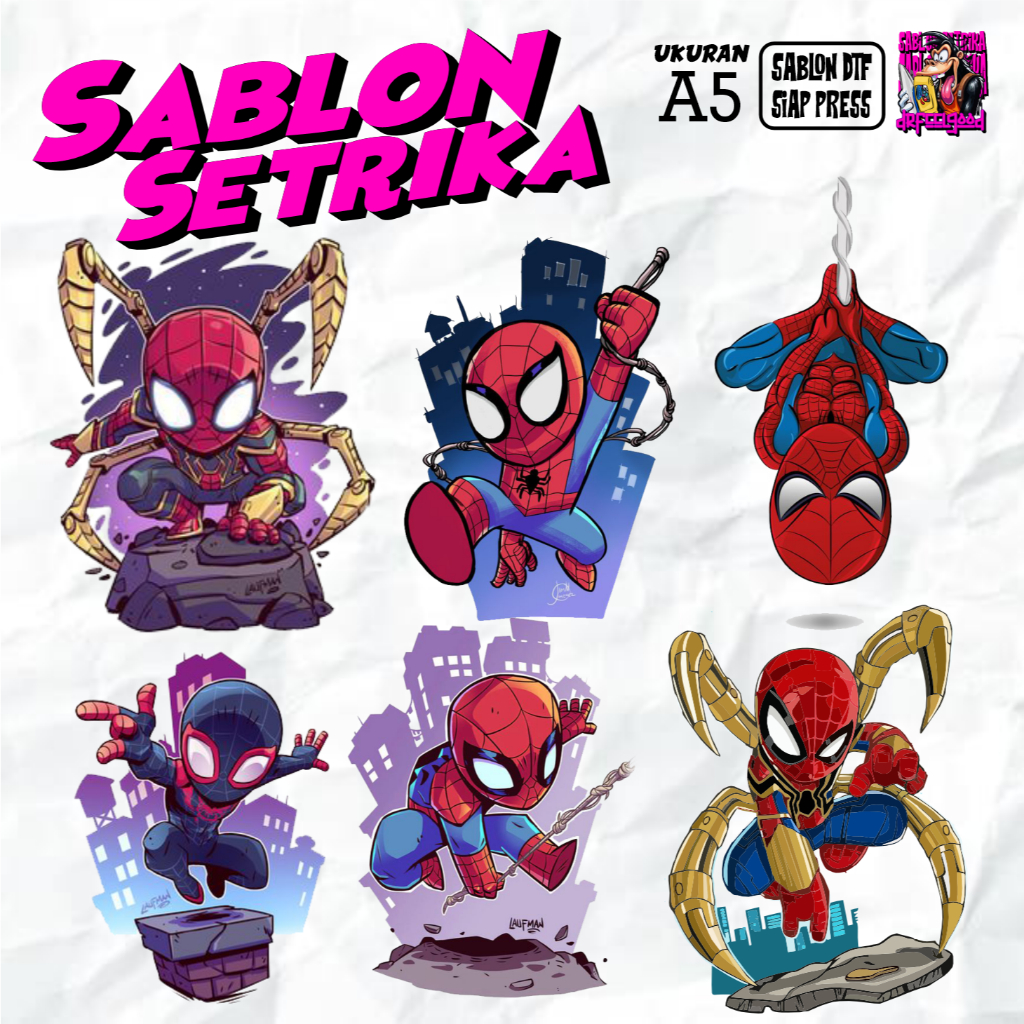 

STIKER DTF SABLON SETRIKA TEMA SPIDERMAN CHIBI LUCU KEREN TERBARU QUOTE PRINTING, SABLON PRINTING KING DTF INDONESIA