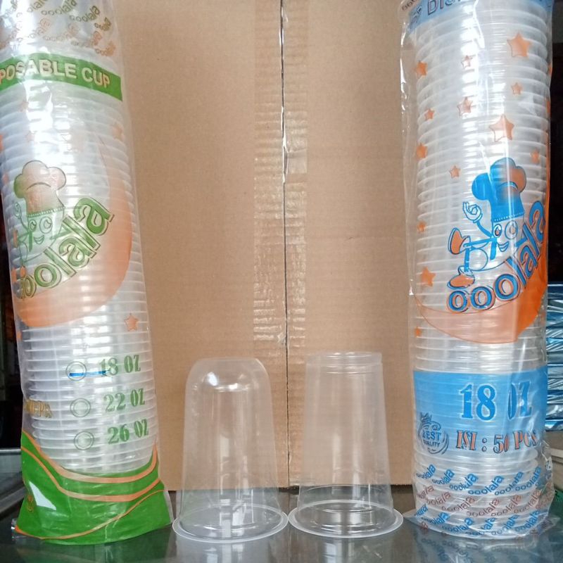 Gelas plastik 18 oz Isi 50 pcs tipe DATAR / OVAL / SLIM 7 gr OOLALA