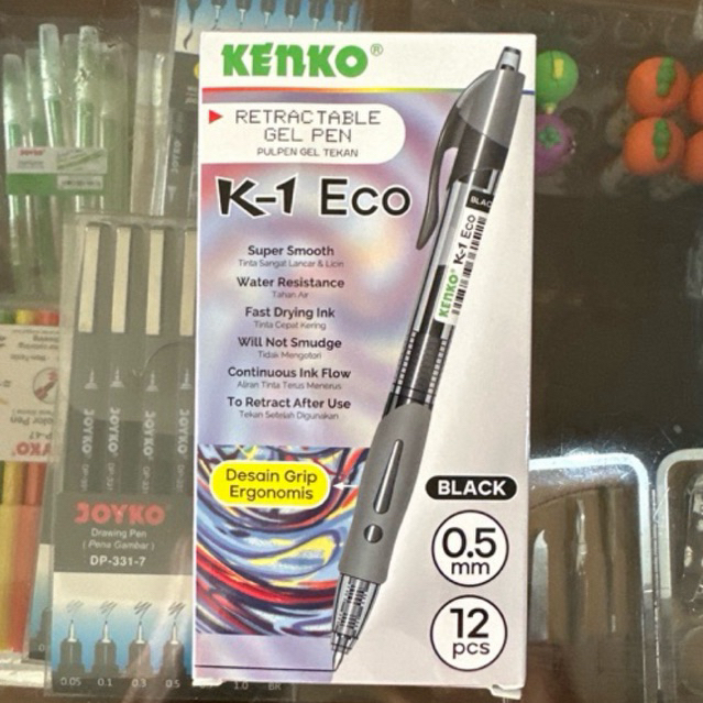

( 12 pcs ) K-1 Eco Pulpen Gel Retractable Kenko / Gel Pen Cetrek Soft Grip K1 Eco / Bolpen Jel 0.5mm tinta hitam