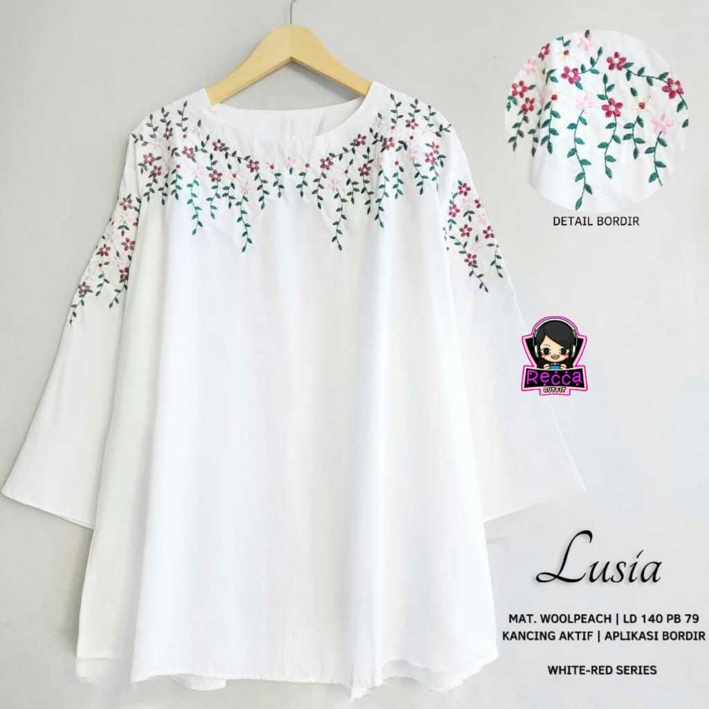 Baju Atasan Blouse Wanita Putih Bordir Bunga LD 140 Lusia Super Jumbo Bahan Wolpeach Recca