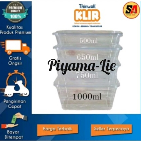 PIYAMA_LIE/Twinwall Persegi Panjang 500/650/750/1000ml + TUTUP/Kotak Makan Plastik Per Pack Isi 25pc