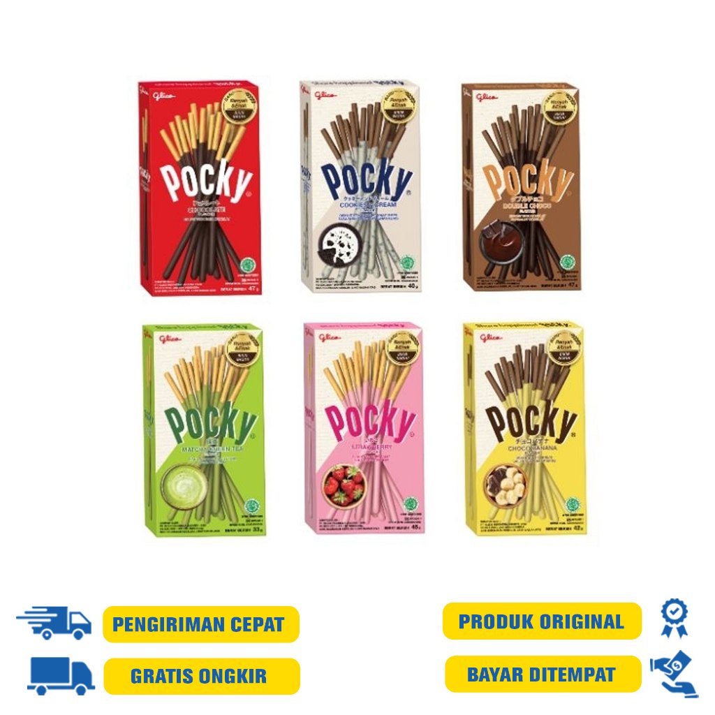 

Glico Pocky stick biscuit 47 gram - Coklat | Strawberry | Double Choco| Cookies & Cream | Matcha