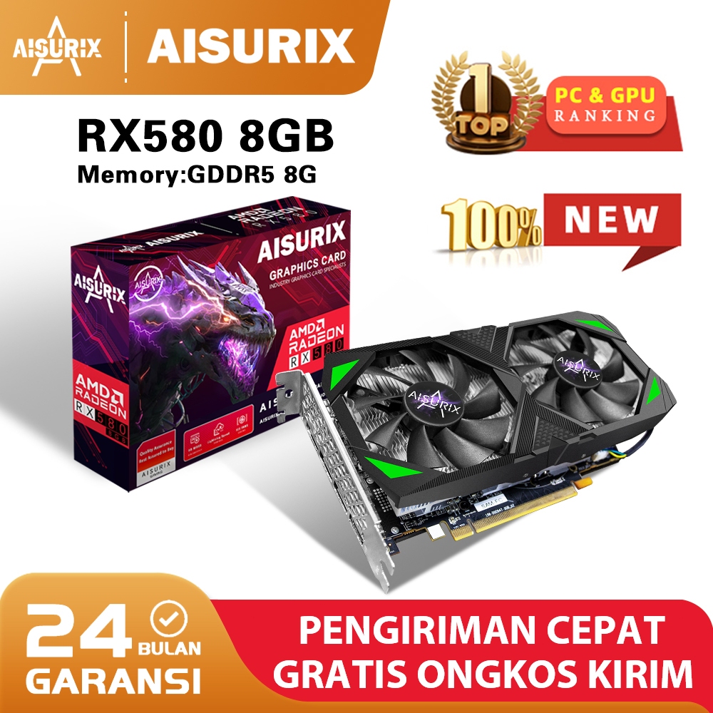 AISURIX Radeon RX 580 8GB Batu zamrud AMD VGA Card DDR5 256Bit 2048SP RX580 Kantor Kerja Game Kartu 