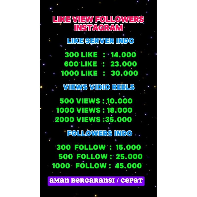 LIKE VIEWS FOLLOWERS INDONESI INSTAGRAM/DILUAR IG PERMANEN NO DROP TERMURAH BERGARANSI