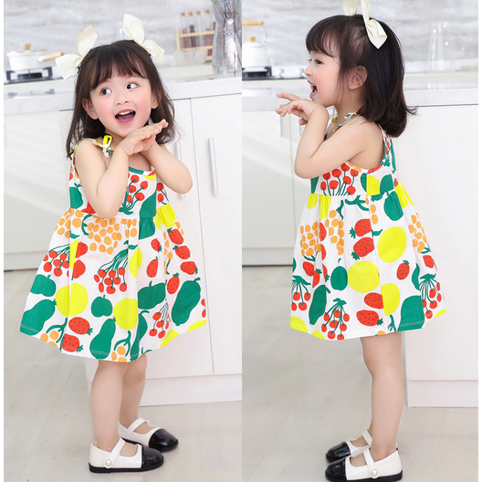 PAKAIAN ANAK PEREMPUAN DRESS REMPEL MOTIF KEKINIAN TALI KECIL DAILYWEAR