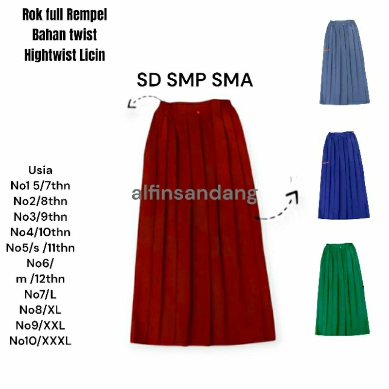 rok panjang rempel bahan licin sd smp sma seragam sekolah