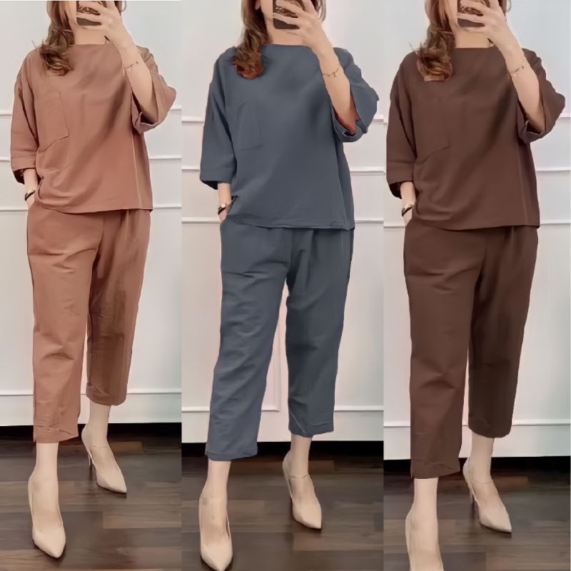 One Set Setelan Wanita Lengan Tanggung Katun Rami Linen
