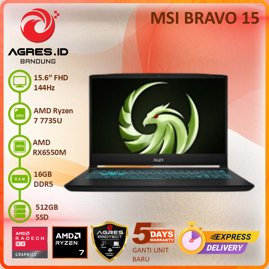 MSI BRAVO 15 RYZEN 7 7735HS AMD RX6550M 16GB 512GB 15.6 FHD 144HZ BLIT - B7ED.034