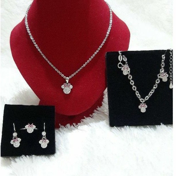 KODE J69N Perhiasan 1 Set Minnie Mouse Perak Asli 925 Lapis Mas Putih Anak