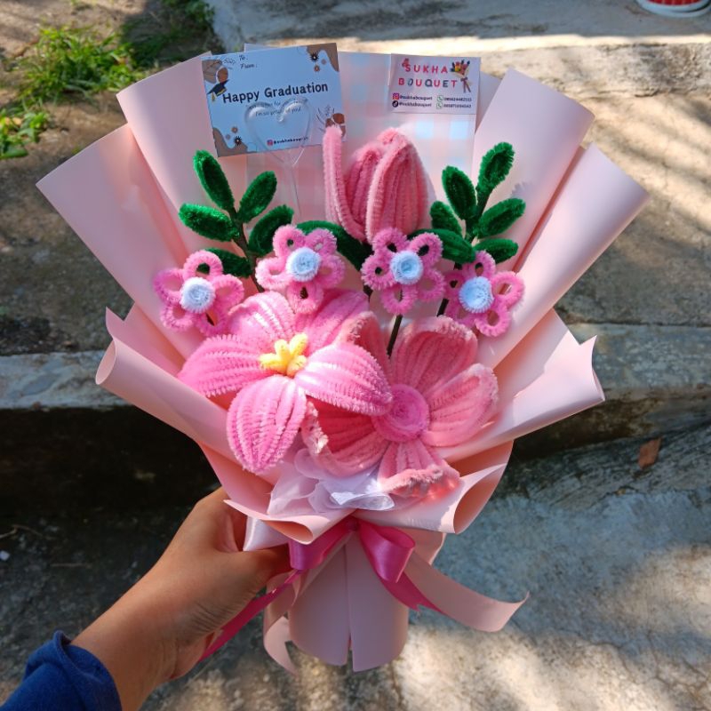 Ready Buket Bunga Kawat Bulu Murah Bucket Wisuda Graduation Ultah Flowers Bouquet Pipe Cleaner Bunga