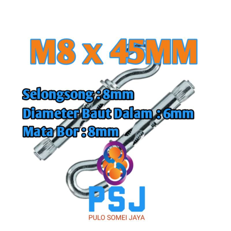 M8 x 45 Hook Dynabolt / Sleeve Anchor / Dynabolt Gantung M6 x 8 x 45