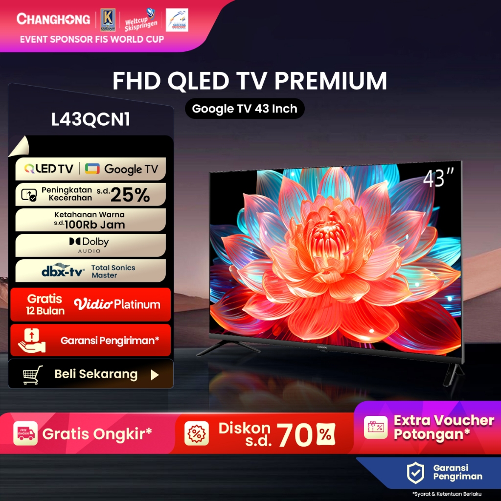 Changhong QLED TV 43 inch FHD Dolby Audio Google Play Netflix Youtube Bluetooth USB Google Assistant