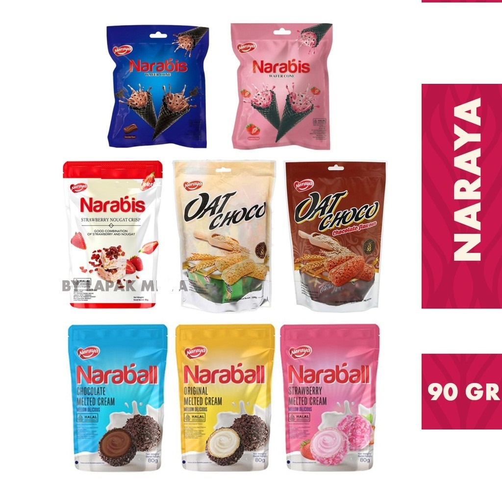 

Camilan Makanan Ringan Naraya Narabis 90 Gr Nougat Crisp Varian Assortment, Strawberry, Cookies Cream, Wafer Cone Varian Chocolate, Strawberry, Naraball 80 Gr Varian Strawberry, Original, Chocolate Melted Cream,