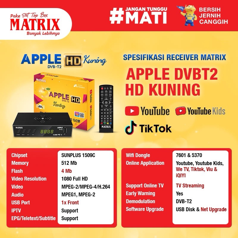 Set Top Box TV Digital Matrix Apple Kuning DVBT2