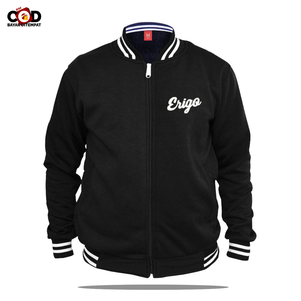 Anzdistro - Jaket Baseball Varsity Resleting Erigo Text Putih - Jaket Baseball Pria Wanita Terbaru