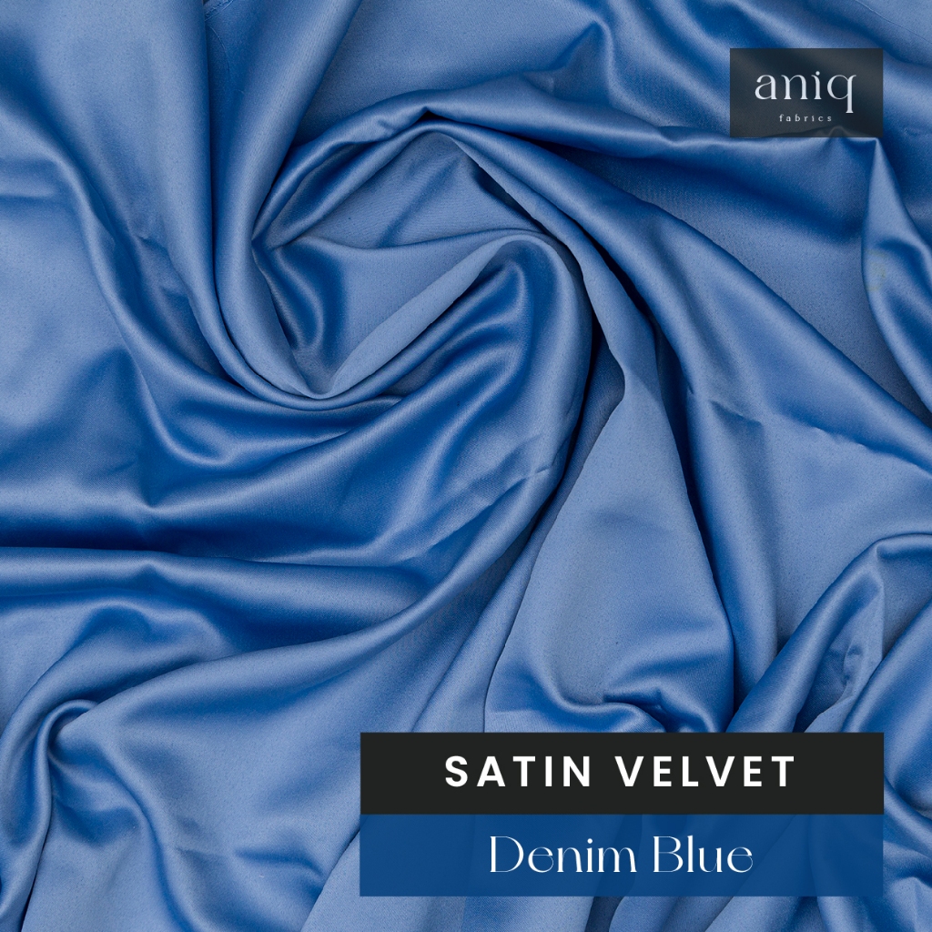 Aniq Fabrics Kain Satin Velvet Premium Sateen Silk Satin Sutra Bahan Kebaya, Dress Satin Denim Blue