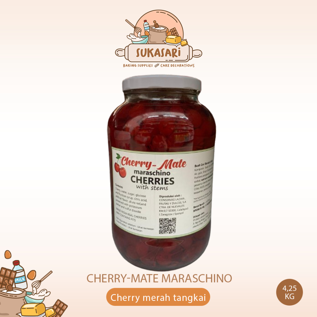

Cherry-Mate Maraschino 4.25kg Cherry merah tangkai 1 Galon ceri Red Cherry Stem