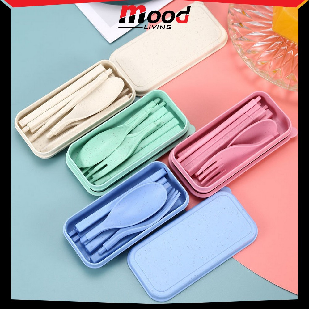 Alat Makan Sendok Garpu Sumpit Lipat 3IN1 Bahan Jerami Gandum / Sendok Korea Travel Cutlery Set Port