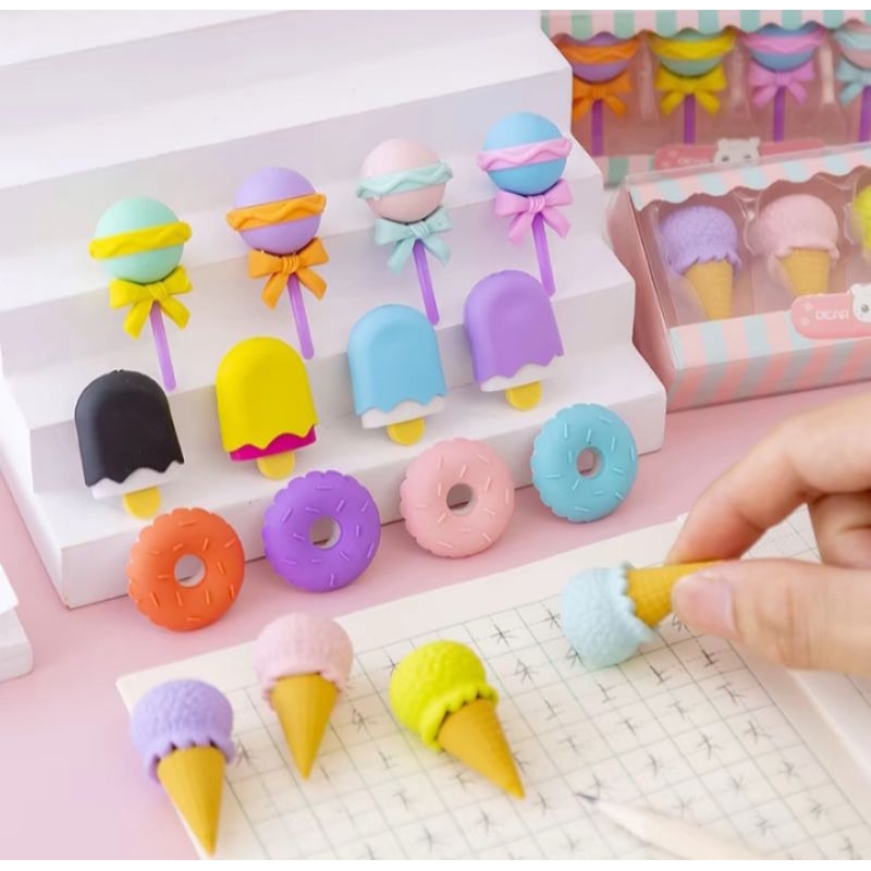 

4 Pcs Penghapus Lucu Eskrim Donat Lollipop Es Imut Eraser Cute Donat