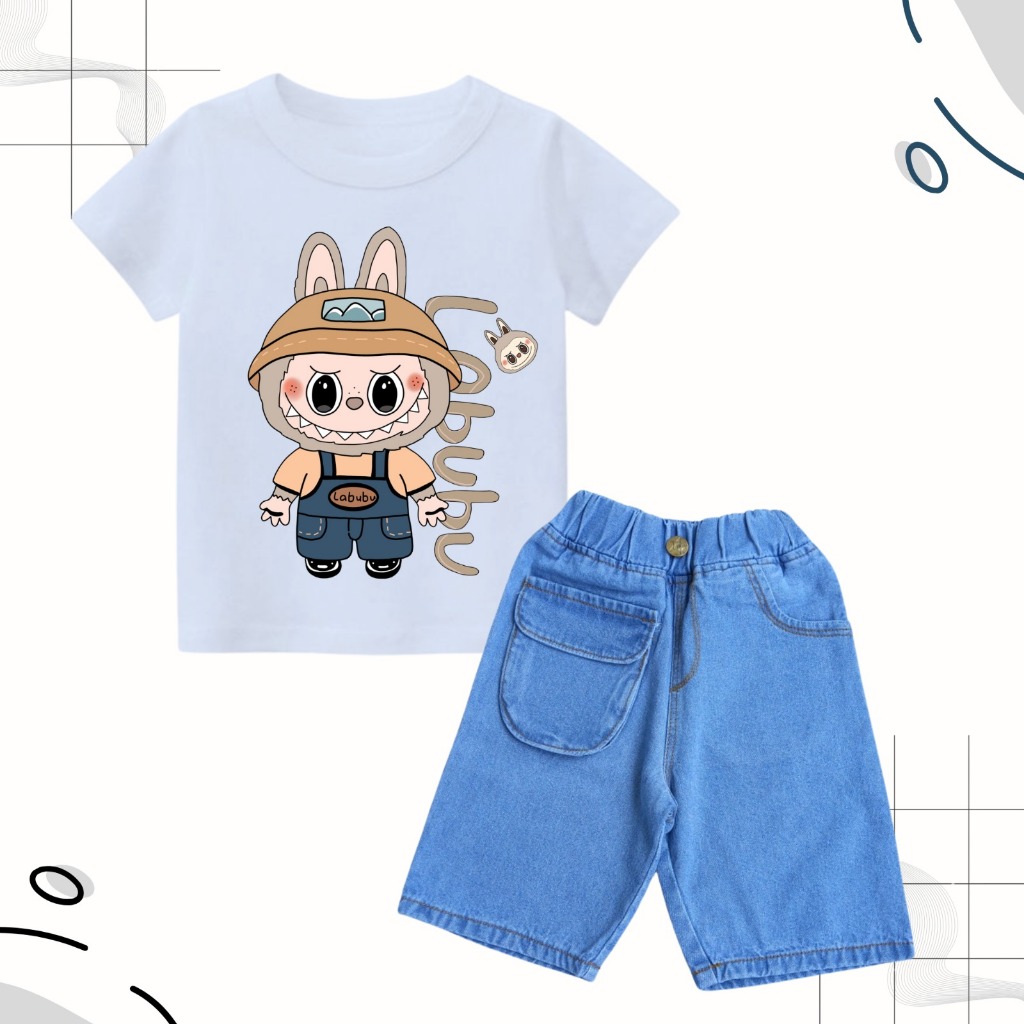 SETELAN CELANA JEANS PENDEK & KAOS LABUBU ANAK LAKI LAKI 1-8 TAHUN