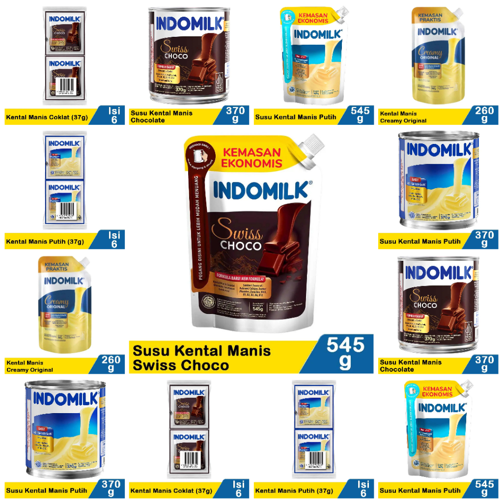

Indomilk Kental Manis Varian Rasa Cokelat Putih Original Creamy Swiss Choco Chocolate Coklat White 1