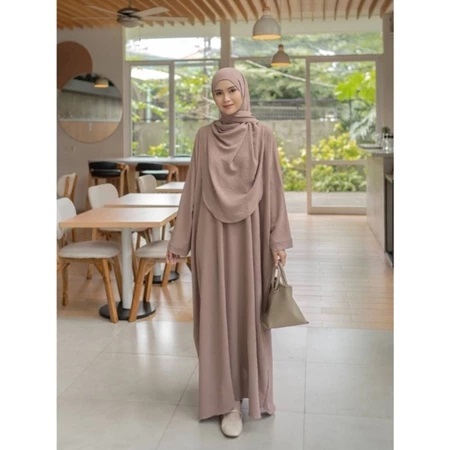 Alya Gamis Abaya Set Pasmina Syar'i Polos Bahan Crinkle Airflow - Abaya Syari Gamis Set Umroh Haji