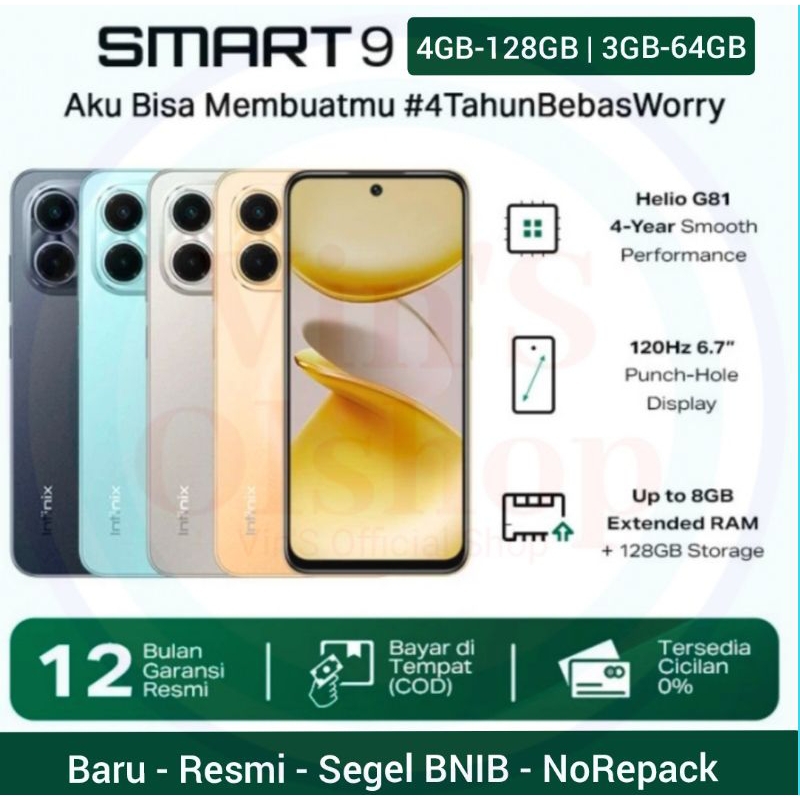 Infinix Smart 9 4/128 & 3/64 Resmi - Up to 6GB/8GB Extended RAM - 6.7 inch 120Hz Punch Hole Display 