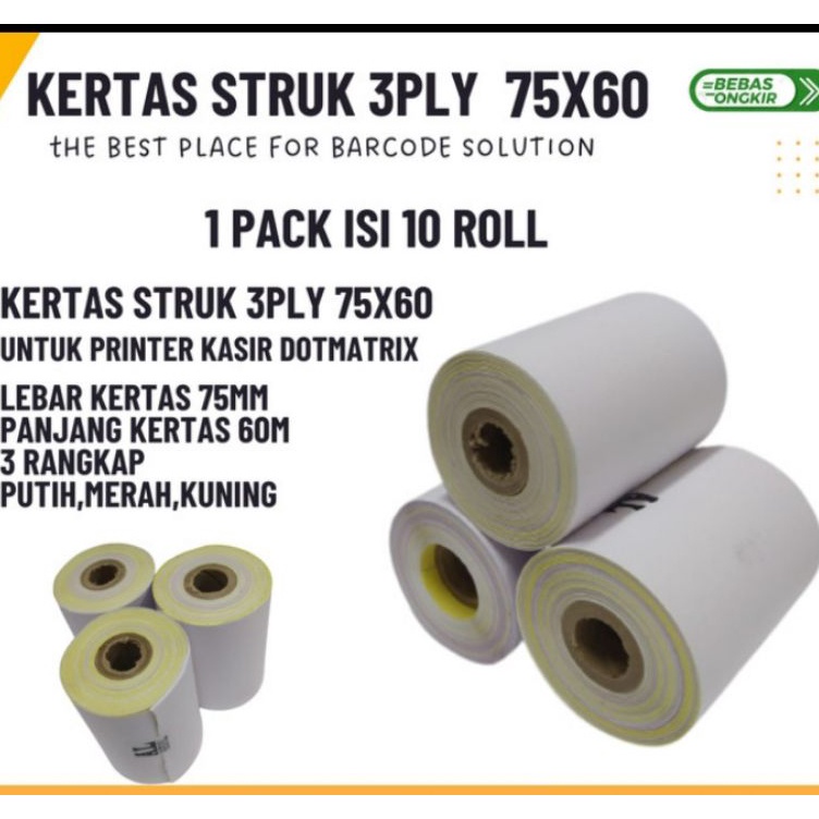 

Harga Laris Kertas kasir 3ply 75x6mm paket 1 Roll untuk mesin printer Dotmatrik