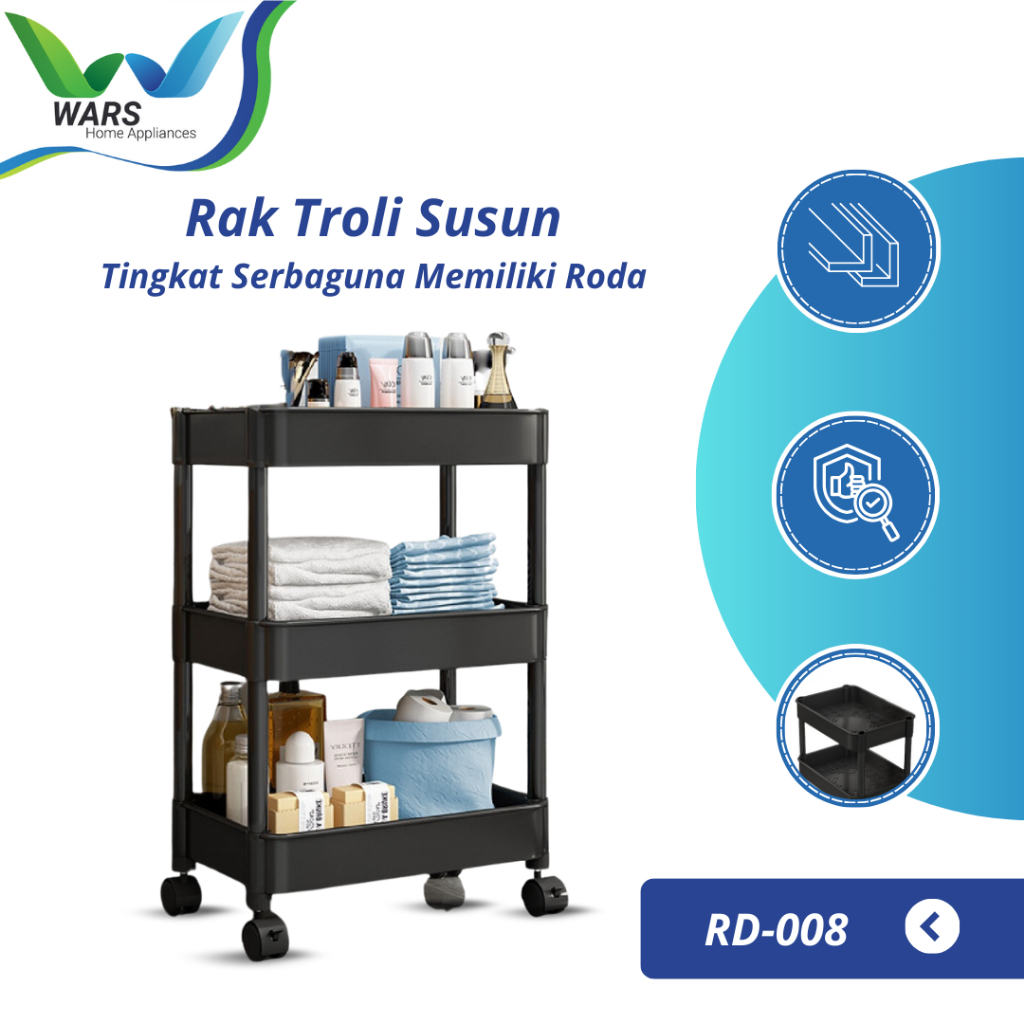 WARS Rak Troli Susun Tingkat Roda Dengan Pegangan Serbaguna Dapur/Kamar Mandi/Salon RD-008