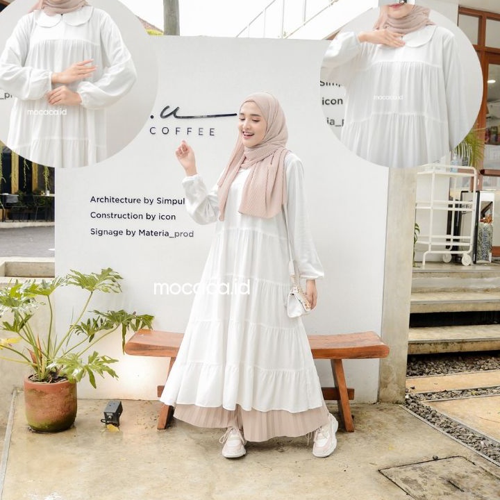 READY STCOK midi dress susun kerah renda katun rayon twill premium hitam putih babydoll long tunik b