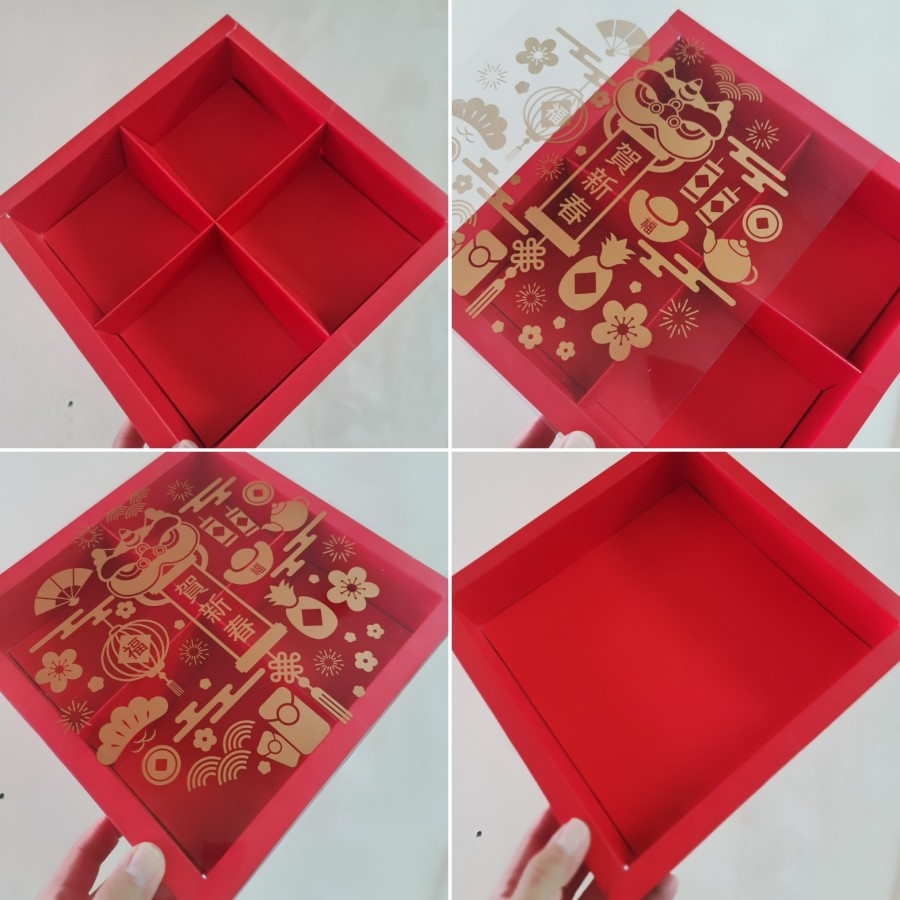 

1 Pack Isi 5 Pcs Dus Parcel Imlek Mika Sekat 4 Merah Box Motif Chinese New Year Ukuran 19x19x5 cm