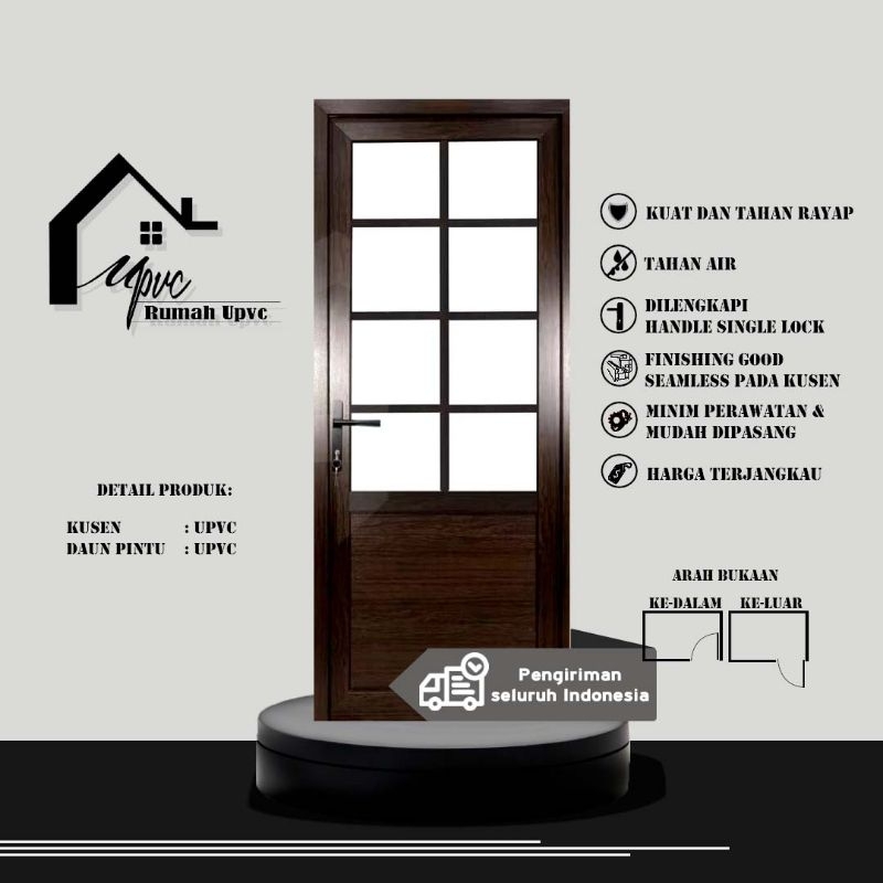 PINTU UPVC PREMIUM KOMBINASI PANEL KACA-DARK OAK (SERAT KAYU)-PINTU KAMAR,PINTU DAPUR,PINTU GARASI,P