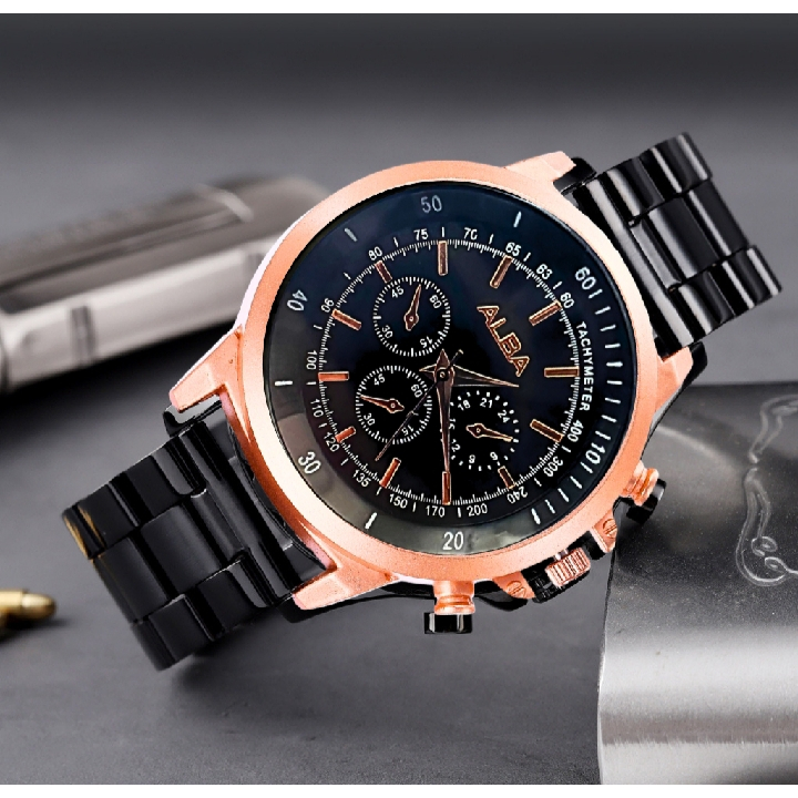 Jam Tangan Couple Alba Full Hitam dan Pria Wanita Premium dengan Tali Rantai/Stell