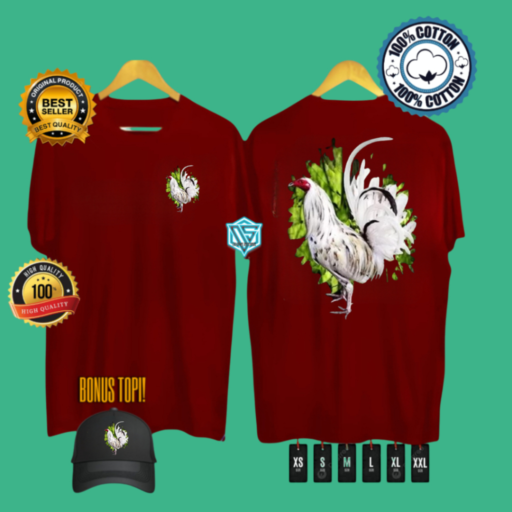 KAOS SABLON AYAM JAGO PUTIH SIPEL KEREN BAHAN KATUN COMBAD
