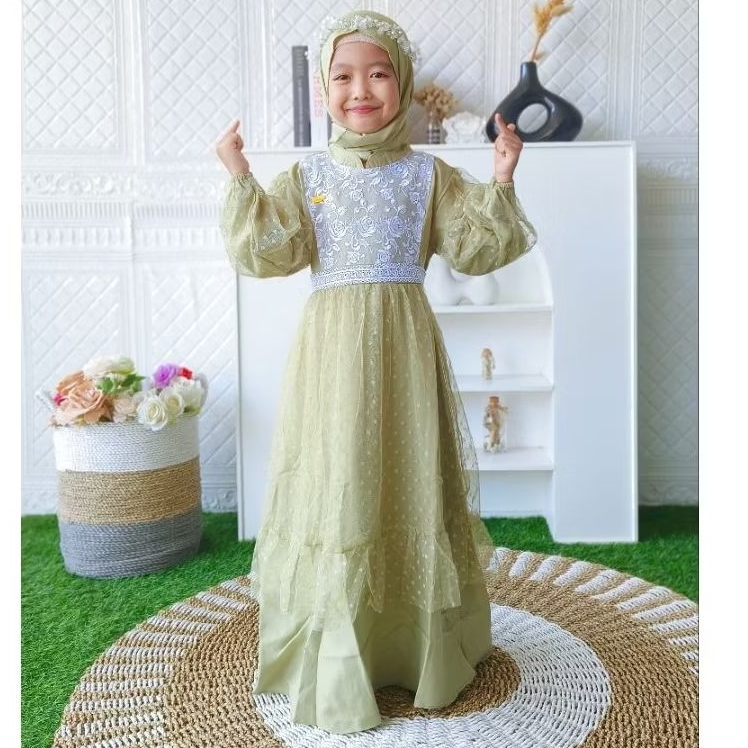 Gamis Anak Perempuan Mewah Brukat Tile Doty Renda Lebaran Pesta  anak 1-12 tahun Set Hijab
