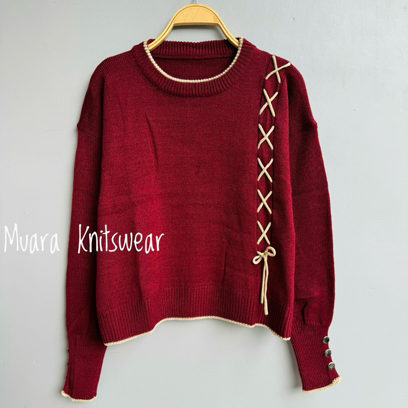 MUARA KNITSWEAR BAJU ATASAN SWEATER RAJUT MOTIF TALI DEPAN WANITA LENGAN KANCING WANITA KOREAN STYLE