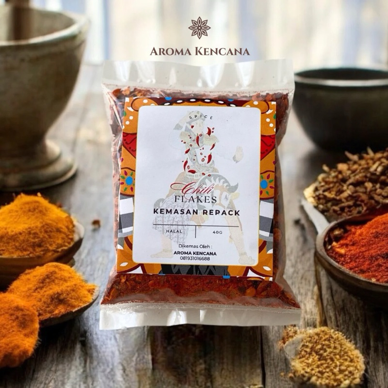 

Chili Flakes / Cabai Bubuk Kasar Grade A (Premium) Kemasan Repack AROMA KENCANA 40g, 100g, 250g