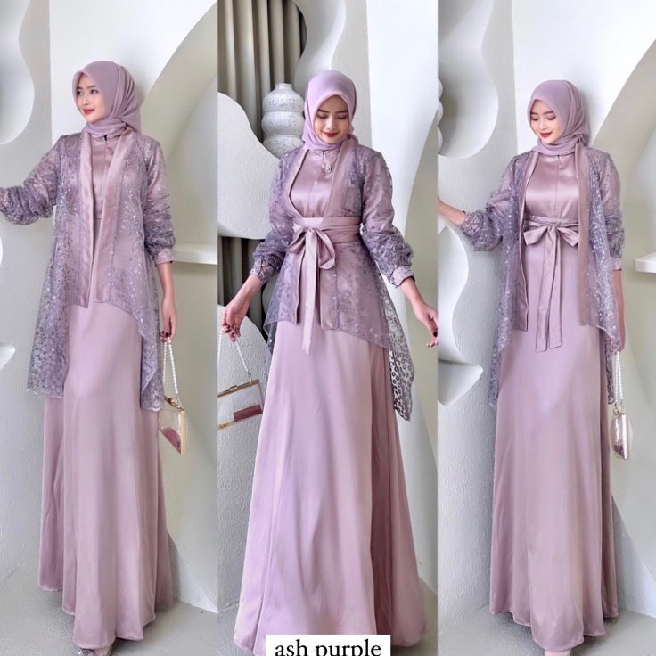 Mauve Sekarang Puas Fuji Dress Satu Set Inner Outer Kimono Gamis Muslim Wanita Pesta Kondangan Bride