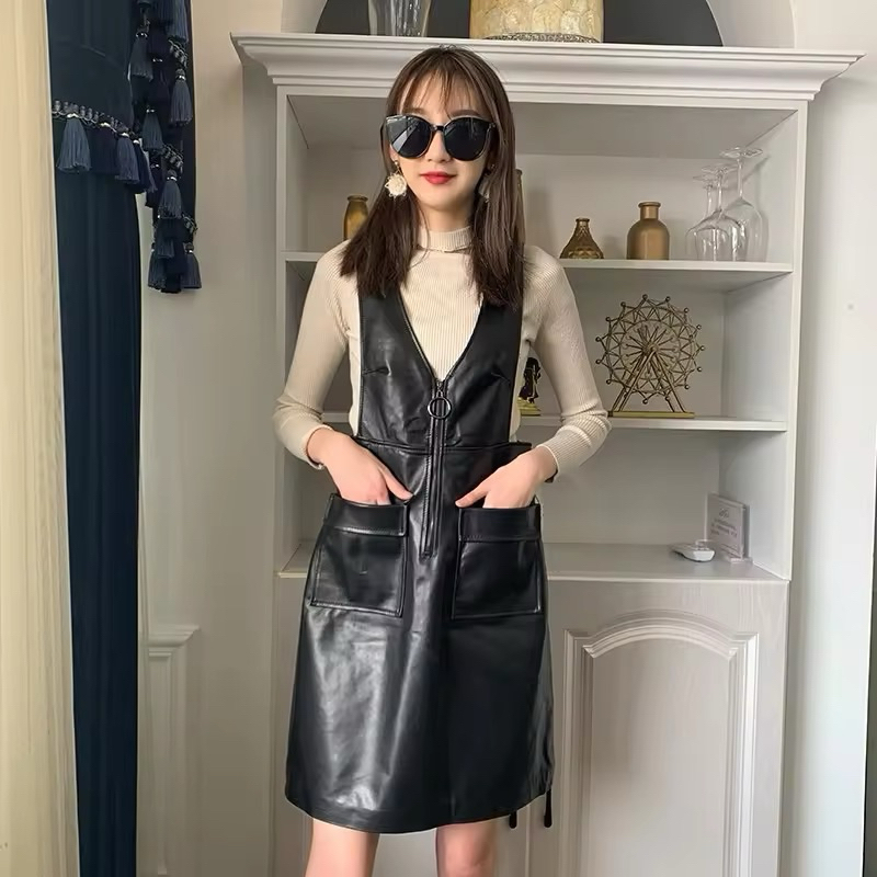 Dress Gaun kulit wanita modis gaun Suspender kulit Slim Fit pinggang tinggi wanita gaun Sundress Min