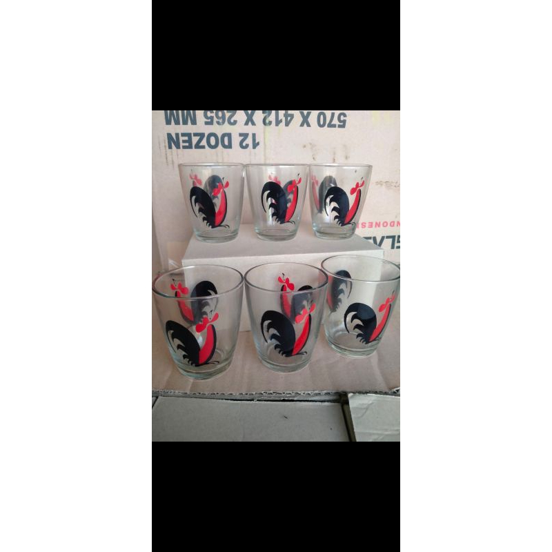 G093 [6 PCS] GELAS KACA GELAS KOPI GELAS MINUM GELAS SOUVENIR MOTIF AYAM JAGO
