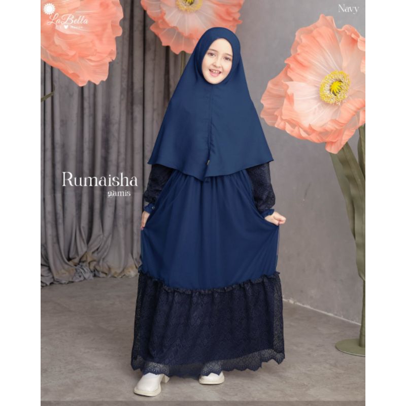GAMIS WARNA NAVY RUMAISHA BY LABELLA GAMIS ANAK MEWAH PLAIN POLOS KOMBINASI BROKAT GAMIS ANAK KONDAN