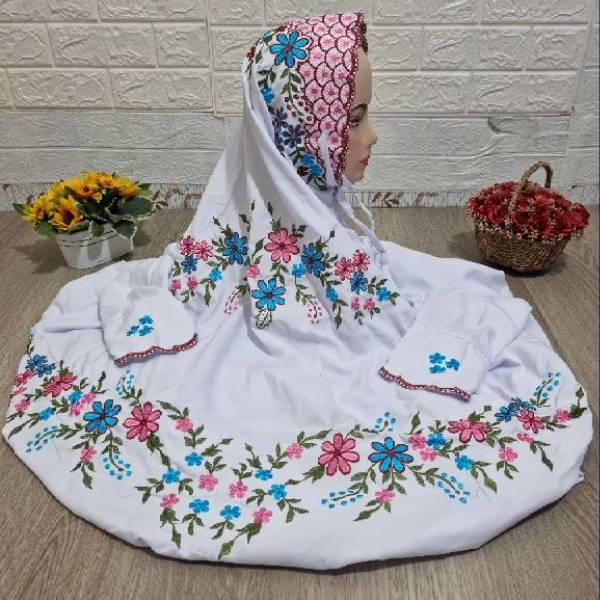 Mukena Dewasa Terusan Santri Bordir Putih Katun Mikro Adem
