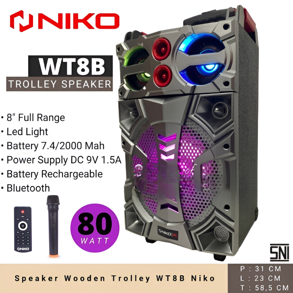 Portable Speaker NIKO WT8B 8" + 1 Mic Wireless / Speaker Portable NIKO WT8B Speaker Aktif 8 Inch