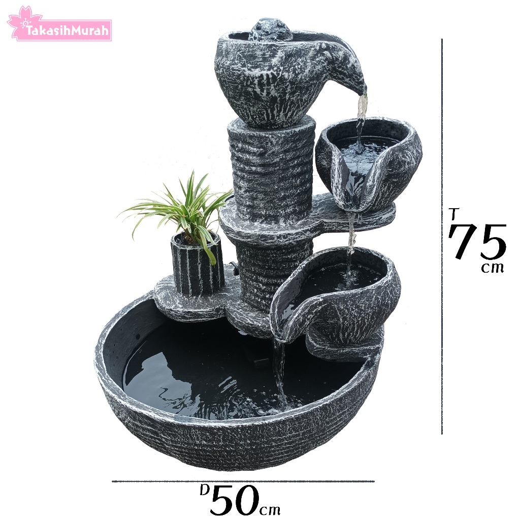 Kolam Ikan Taman Air Mancur Minimalis 3 Kendi - Diameter 50 cm, Tinggi 75 cm - Termasuk Mesin Air