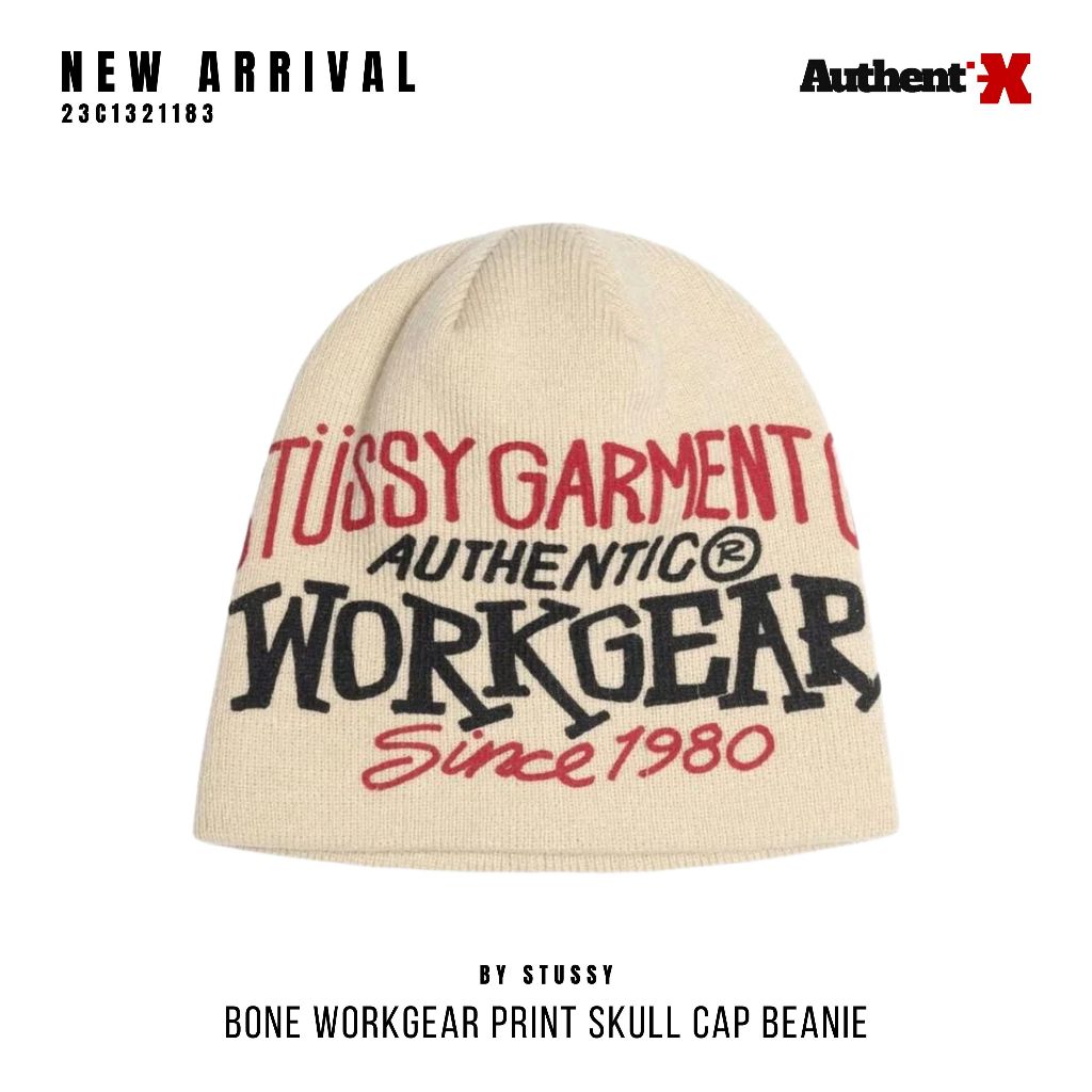 STUSSY WORKGEAR PRINT SKULLCAP BEANIE HAT - BONE