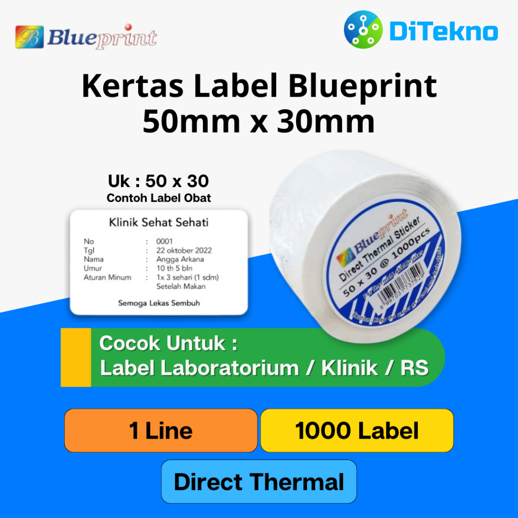 

Blueprint Barcode Direct Thermal 50x30 1000 PCS 1 Line Kertas Label Stiker