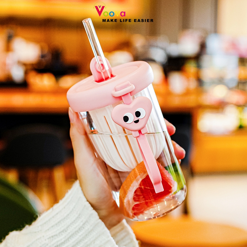 VOOVA Gelas Tumbler Dengan Sedotan Milk Cup/Tumbler Glass/Gelas Anak/Gelas Karakter Lucu