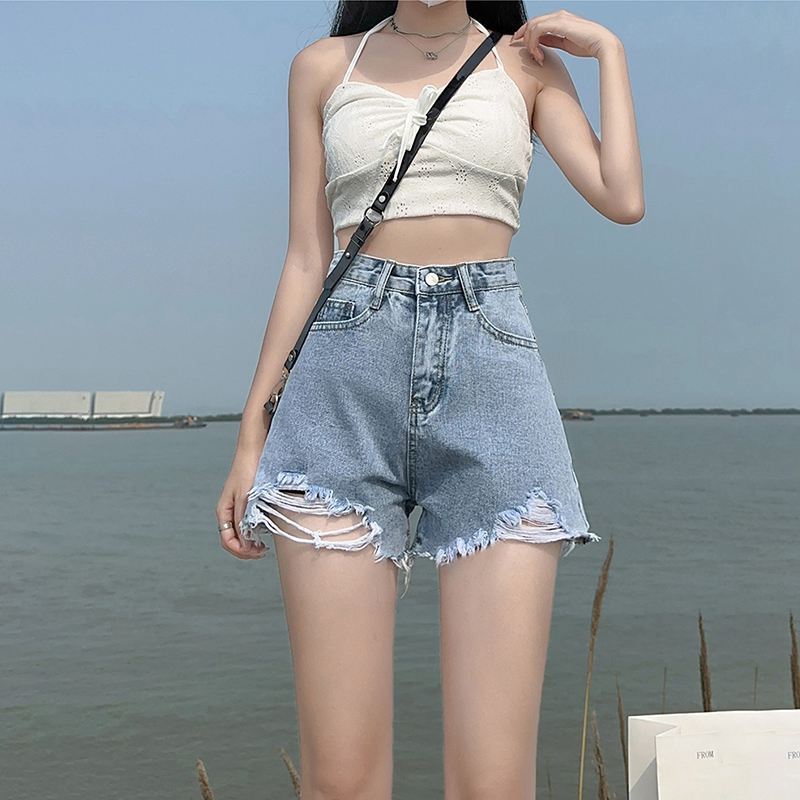 KOKO - Celana Jeans Pendek Jumbo Sobek Wanita Korea